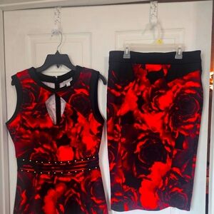 Bisou Bisou Red Black Skirt Knee-Length Matching Top With Brass Studs L,M